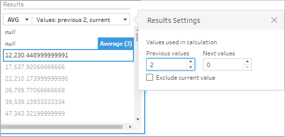 The Moving Calculation dialog showing the settings menu where you can adjust the number of values used in the calculation.