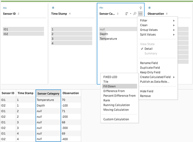 The Create Calculated Field, Fill Down menu option.